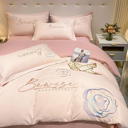 91家纺网 家纺一手货源 找家纺 （总）大麦乐田 2023新款山茶花亲肤雅棉刺绣四件套