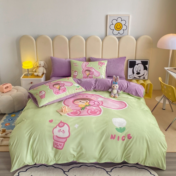 91家纺网 家纺一手货源 找家纺 博雅 2022新款婴儿绒大版印花系列四件套 哄哄我-绿