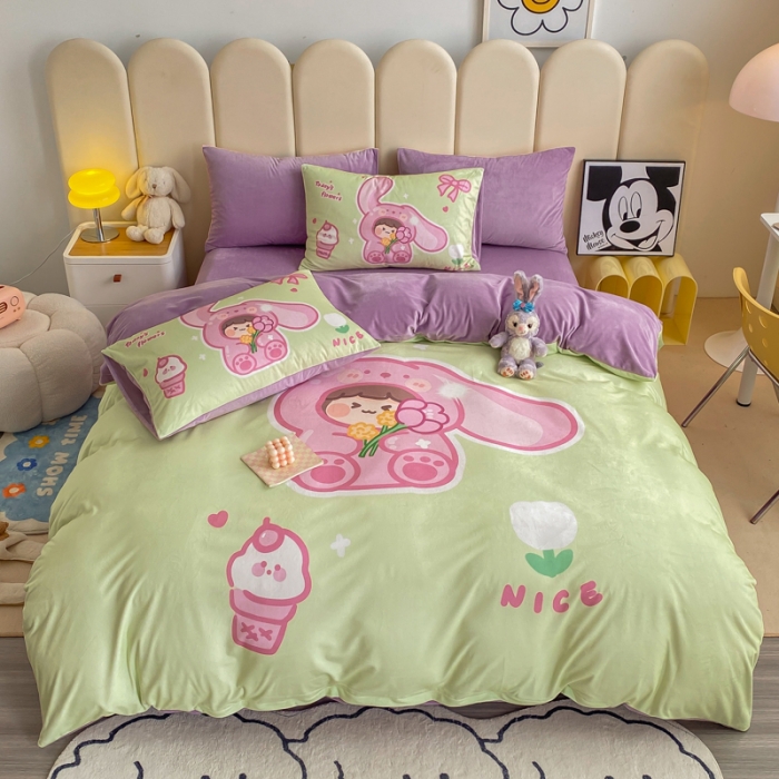 91家纺网 家纺一手货源 找家纺 博雅 2022新款婴儿绒大版印花系列四件套 哄哄我-绿