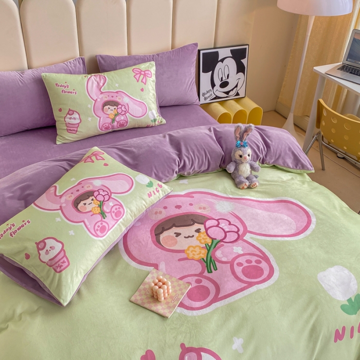 91家纺网 家纺一手货源 找家纺 博雅 2022新款婴儿绒大版印花系列四件套 哄哄我-绿