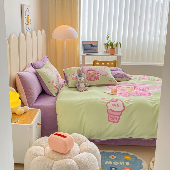 91家纺网 家纺一手货源 找家纺 博雅 2022新款婴儿绒大版印花系列四件套 哄哄我-绿