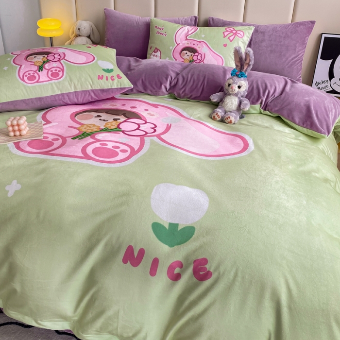 91家纺网 家纺一手货源 找家纺 博雅 2022新款婴儿绒大版印花系列四件套 哄哄我-绿