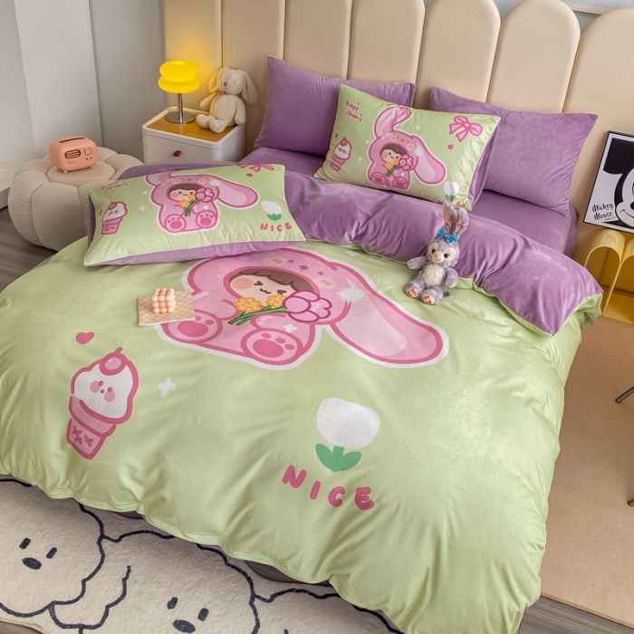 91家纺网 家纺一手货源 找家纺 博雅 2022新款婴儿绒大版印花系列四件套 哄哄我-绿