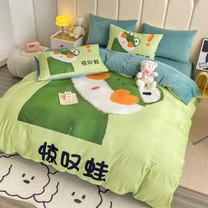 91家纺网 家纺一手货源 找家纺 博雅 2022新款婴儿绒大版印花系列四件套 惊叹蛙