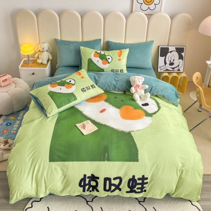 91家纺网 家纺一手货源 找家纺 博雅 2022新款婴儿绒大版印花系列四件套 惊叹蛙