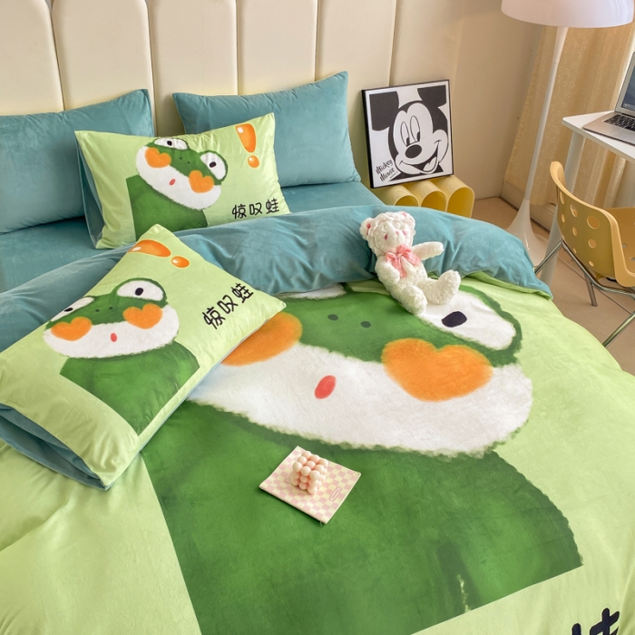 91家纺网 家纺一手货源 找家纺 博雅 2022新款婴儿绒大版印花系列四件套 惊叹蛙