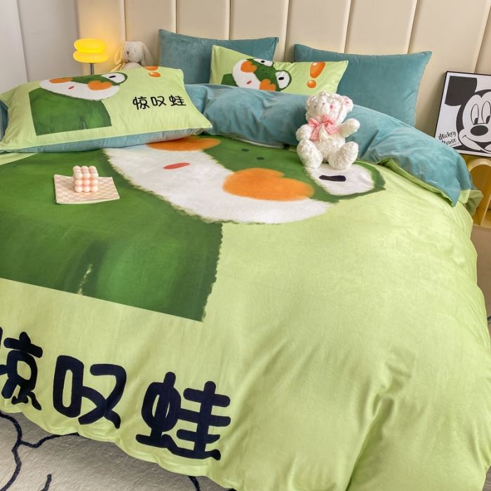 91家纺网 家纺一手货源 找家纺 博雅 2022新款婴儿绒大版印花系列四件套 惊叹蛙