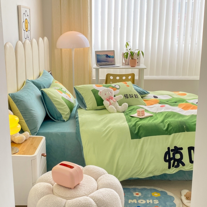 91家纺网 家纺一手货源 找家纺 博雅 2022新款婴儿绒大版印花系列四件套 惊叹蛙