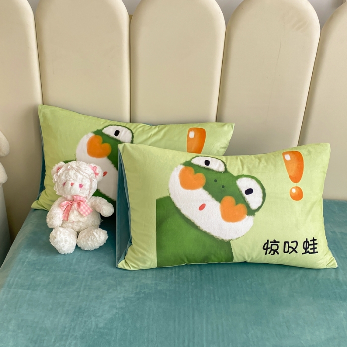 91家纺网 家纺一手货源 找家纺 博雅 2022新款婴儿绒大版印花系列四件套 惊叹蛙