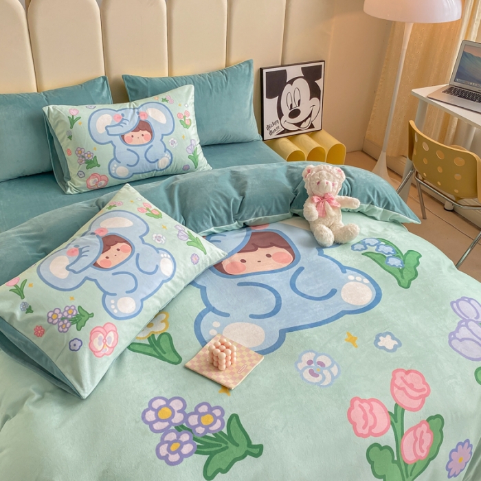 91家纺网 家纺一手货源 找家纺 博雅 2022新款婴儿绒大版印花系列四件套 开心小象