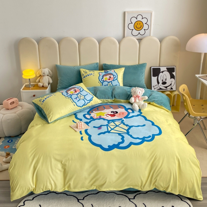 91家纺网 家纺一手货源 找家纺 博雅 2022新款婴儿绒大版印花系列四件套 暖宝宝-黄