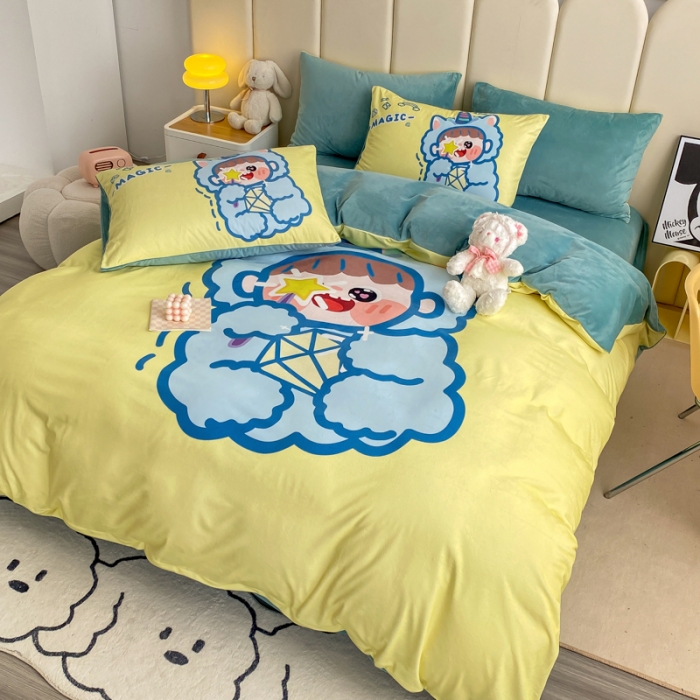 91家纺网 家纺一手货源 找家纺 博雅 2022新款婴儿绒大版印花系列四件套 暖宝宝-黄