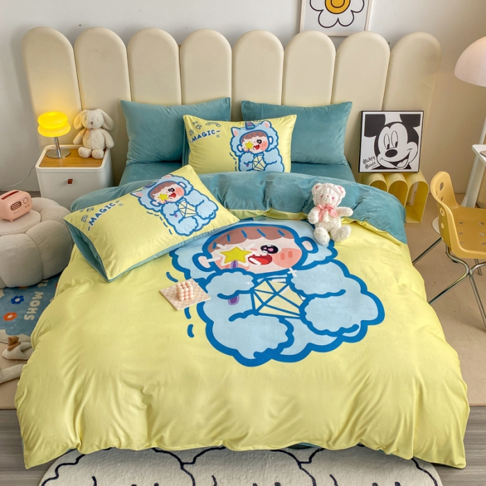 91家纺网 家纺一手货源 找家纺 博雅 2022新款婴儿绒大版印花系列四件套 暖宝宝-黄