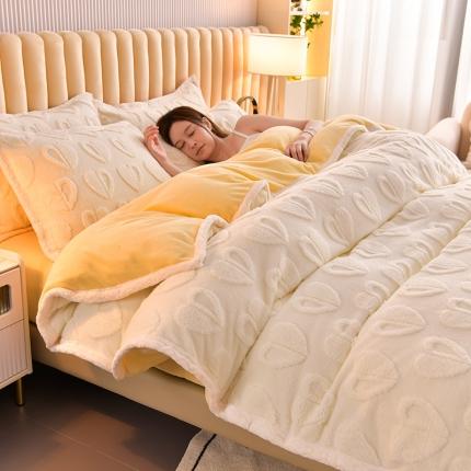 91家纺网 家纺一手货源 找家纺 澳梵 新款塔芙绒牛奶绒包边四件套-柔情慢漫 爱意-奶白黄