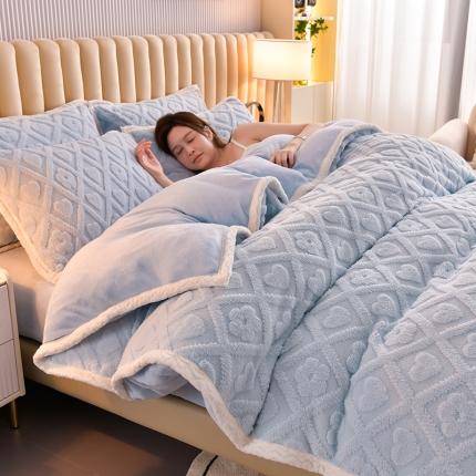 91家纺网 家纺一手货源 找家纺 澳梵 新款塔芙绒牛奶绒包边四件套-柔情慢漫 花意-婴儿蓝