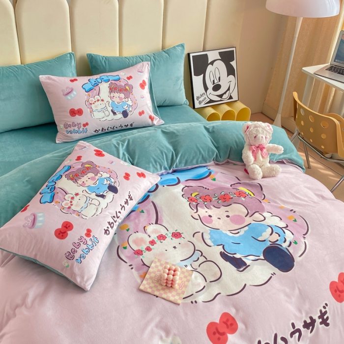 91家纺网 家纺一手货源 找家纺 博雅 2022新款婴儿绒大版印花系列四件套 悄悄话-浅粉