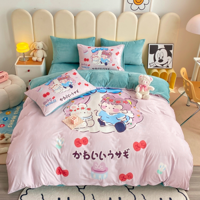 91家纺网 家纺一手货源 找家纺 博雅 2022新款婴儿绒大版印花系列四件套 悄悄话-浅粉