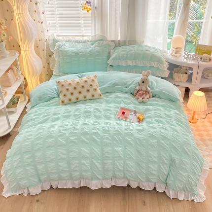 91家纺网 家纺一手货源 找家纺 逸尚阁 2022新款泡泡方格纱牛奶绒花边四件套-水绿（绒款）