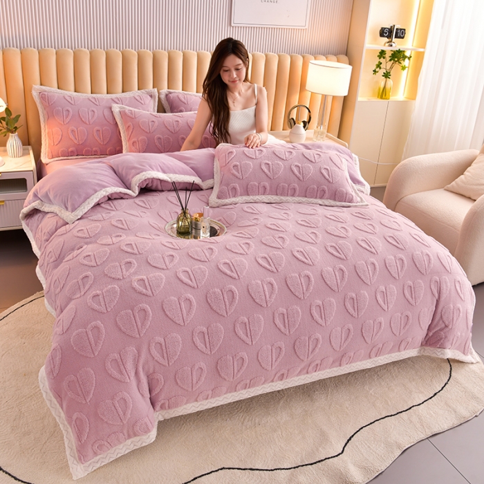 91家纺网 家纺一手货源 找家纺 澳梵 新款塔芙绒牛奶绒包边四件套-柔情慢漫 爱意-香芋紫