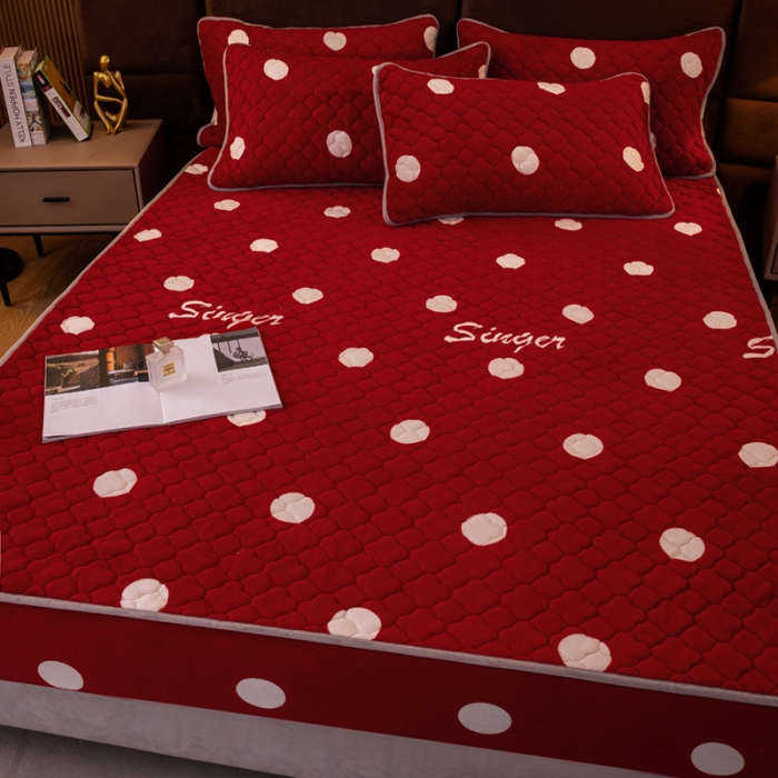 91家纺网 家纺一手货源 找家纺 美莱 2022年夹棉加厚牛奶绒床笠单件三件套直播爆款 波点红