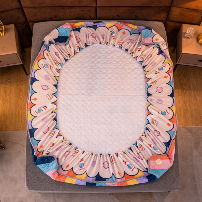 91家纺网 家纺一手货源 找家纺 美莱 2022年夹棉加厚牛奶绒床笠单件三件套直播爆款 彩虹兔