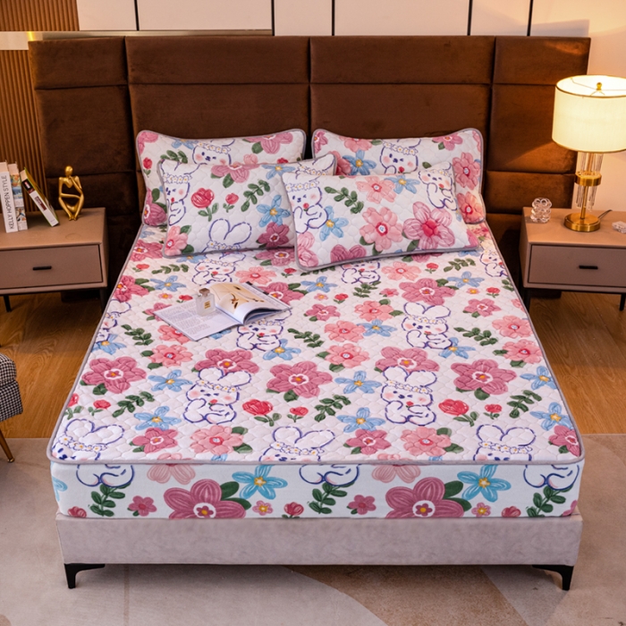 91家纺网 家纺一手货源 找家纺 美莱 2022年夹棉加厚牛奶绒床笠单件三件套直播爆款 彩心兔