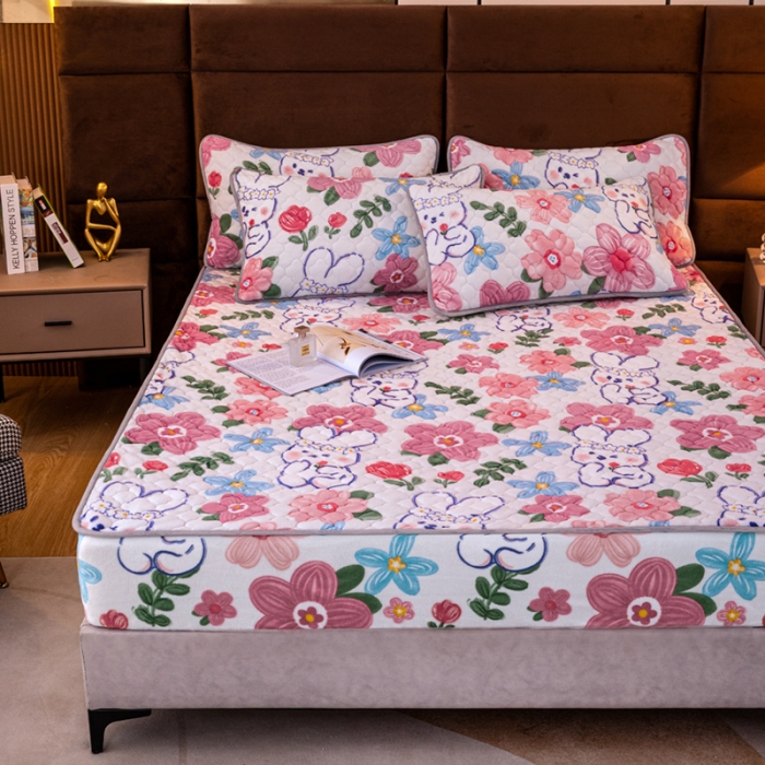 91家纺网 家纺一手货源 找家纺 美莱 2022年夹棉加厚牛奶绒床笠单件三件套直播爆款 彩心兔