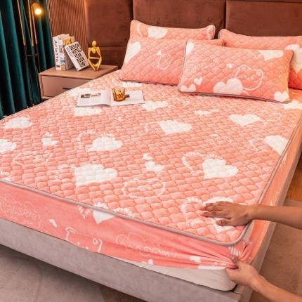 美莱 2022年夹棉加厚牛奶绒床笠单件三件套直播爆款 粉心小熊