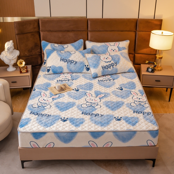 91家纺网 家纺一手货源 找家纺 美莱 2022年夹棉加厚牛奶绒床笠单件三件套直播爆款 漫漫兔