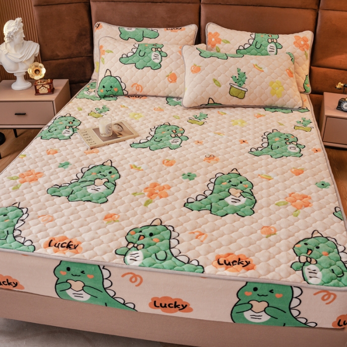 91家纺网 家纺一手货源 找家纺 美莱 2022年夹棉加厚牛奶绒床笠单件三件套直播爆款 小恐龙