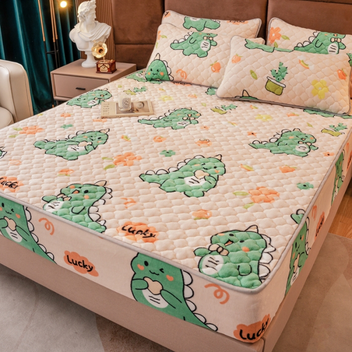 91家纺网 家纺一手货源 找家纺 美莱 2022年夹棉加厚牛奶绒床笠单件三件套直播爆款 小恐龙