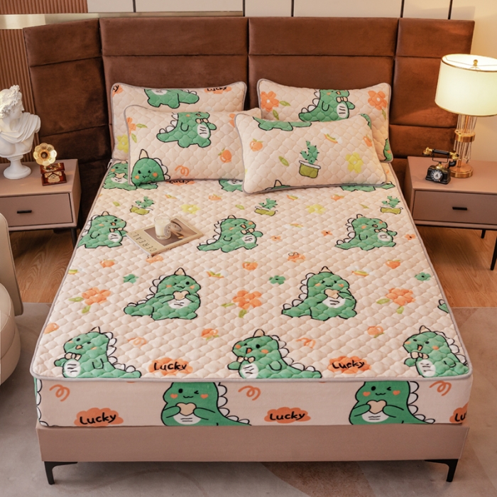 91家纺网 家纺一手货源 找家纺 美莱 2022年夹棉加厚牛奶绒床笠单件三件套直播爆款 小恐龙