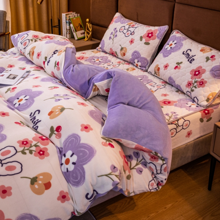 91家纺网 家纺一手货源 找家纺 美莱 2022年夹棉加厚牛奶绒床笠单件三件套直播爆款 郁金香