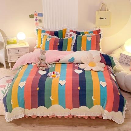 91家纺网 家纺一手货源 找家纺 绒兔兔 2022新款印花牛奶绒四件套提供买家秀彩虹云朵