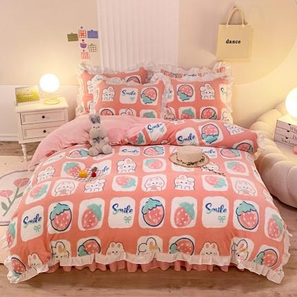 91家纺网 家纺一手货源 找家纺 绒兔兔 2022新款印花牛奶绒四件套提供买家秀草莓兔