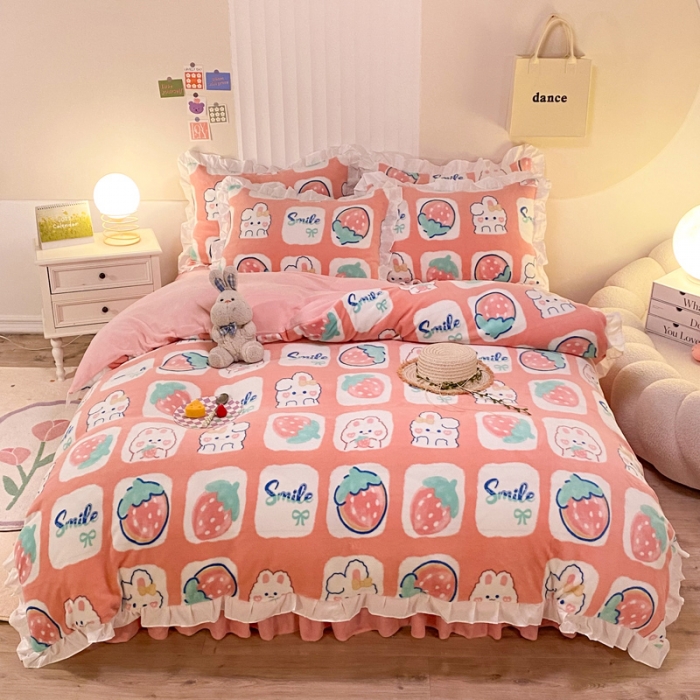 91家纺网 家纺一手货源 找家纺 绒兔兔 2022新款印花牛奶绒四件套提供买家秀草莓兔