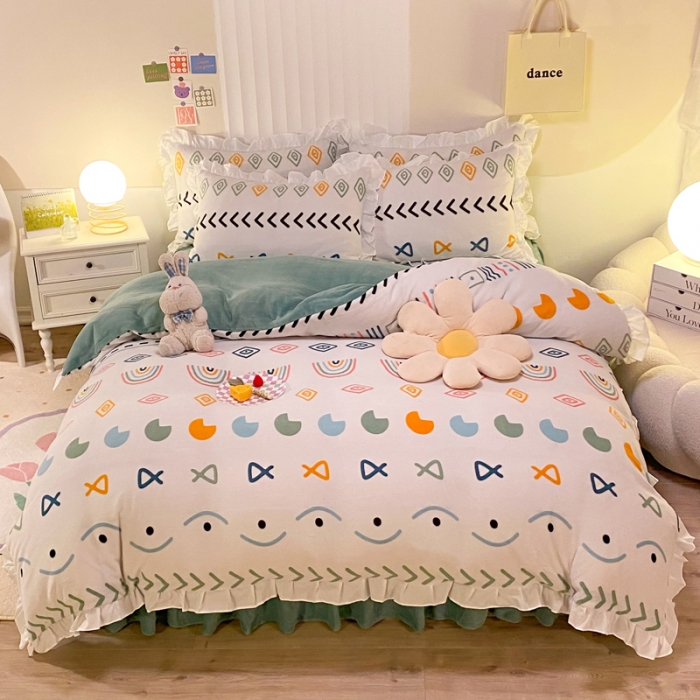 91家纺网 家纺一手货源 找家纺 绒兔兔 2022新款印花牛奶绒四件套提供买家秀几何空间