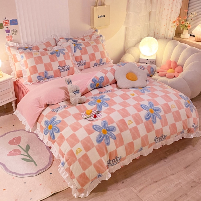 91家纺网 家纺一手货源 找家纺 绒兔兔 2022新款印花牛奶绒四件套提供买家秀生如夏花