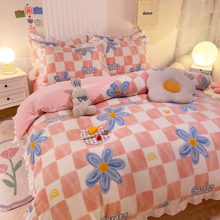 91家纺网 家纺一手货源 找家纺 绒兔兔 2022新款印花牛奶绒四件套提供买家秀生如夏花