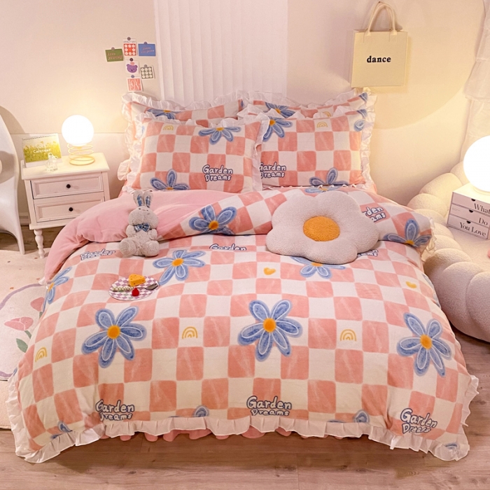 91家纺网 家纺一手货源 找家纺 绒兔兔 2022新款印花牛奶绒四件套提供买家秀生如夏花