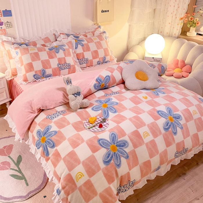 91家纺网 家纺一手货源 找家纺 绒兔兔 2022新款印花牛奶绒四件套提供买家秀生如夏花