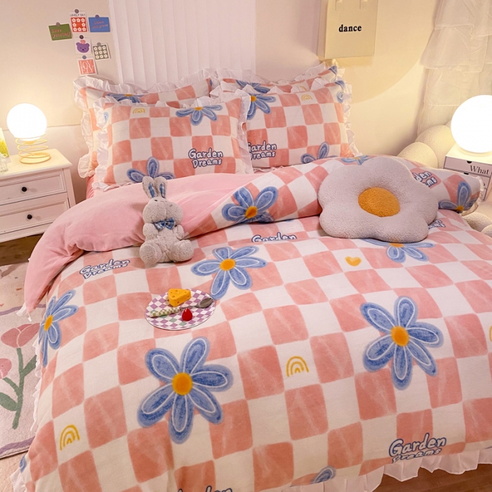 91家纺网 家纺一手货源 找家纺 绒兔兔 2022新款印花牛奶绒四件套提供买家秀生如夏花