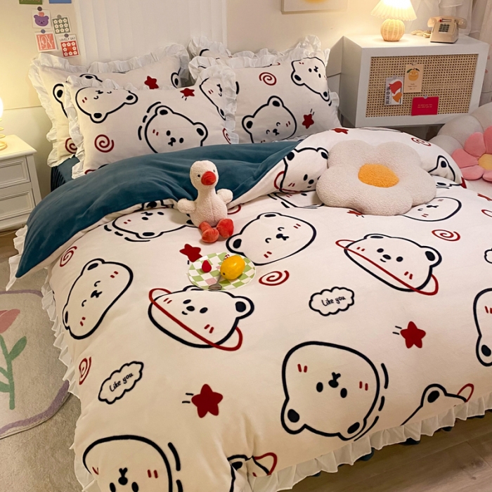 91家纺网 家纺一手货源 找家纺 绒兔兔 2022新款印花牛奶绒四件套提供买家秀太空熊