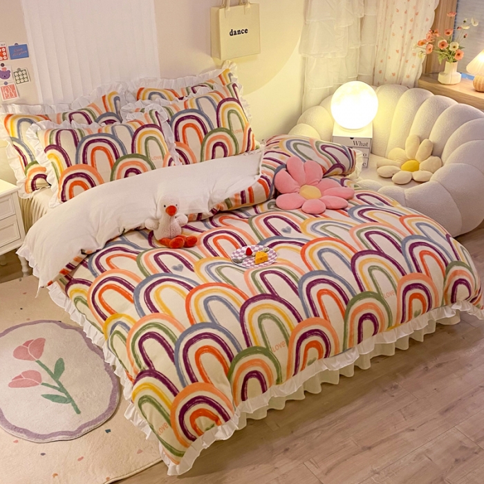 91家纺网 家纺一手货源 找家纺 绒兔兔 2022新款印花牛奶绒四件套提供买家秀涂鸦彩虹