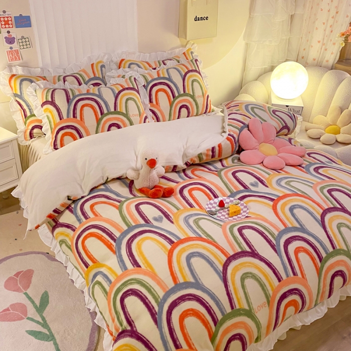 91家纺网 家纺一手货源 找家纺 绒兔兔 2022新款印花牛奶绒四件套提供买家秀涂鸦彩虹