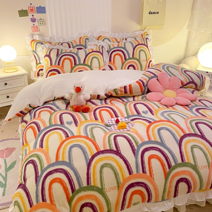 91家纺网 家纺一手货源 找家纺 绒兔兔 2022新款印花牛奶绒四件套提供买家秀涂鸦彩虹