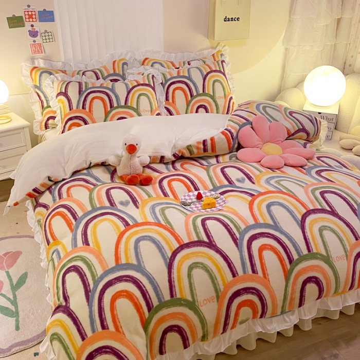 91家纺网 家纺一手货源 找家纺 绒兔兔 2022新款印花牛奶绒四件套提供买家秀涂鸦彩虹