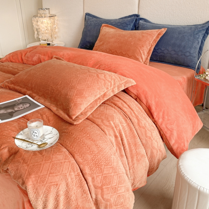 91家纺网 家纺一手货源 找家纺 寐居 2022新款高克重烂花牛奶绒四件套 韩式烂花-橘色