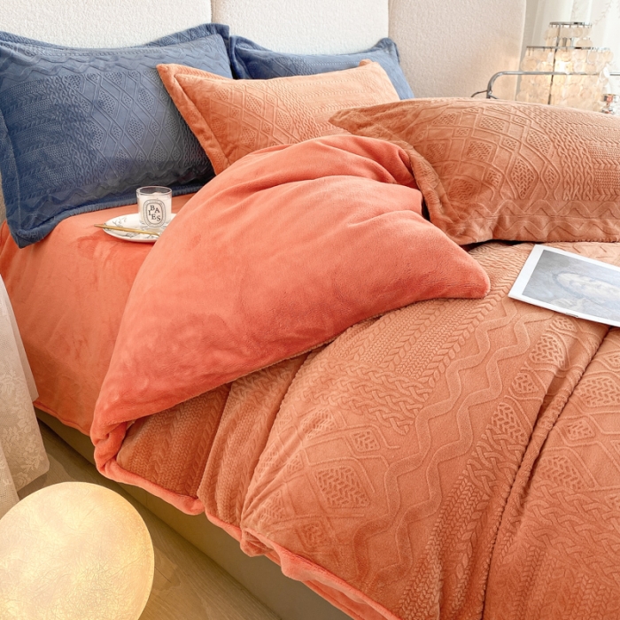 91家纺网 家纺一手货源 找家纺 寐居 2022新款高克重烂花牛奶绒四件套 韩式烂花-橘色