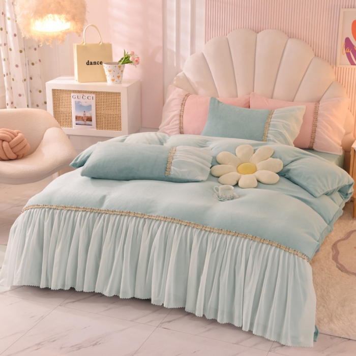 91家纺网 家纺一手货源 找家纺 艾米家居 2022秋冬新款牛奶绒花边四件套爱莎系列 豆绿